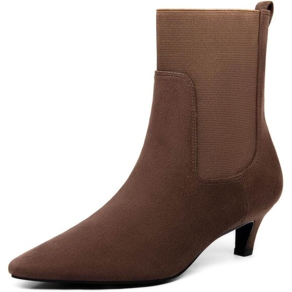 Women's Chocolate Ankle Low Kitten Heel Pointed Toe Slip On Dressy Winter Boots - Picture 4 of 4
